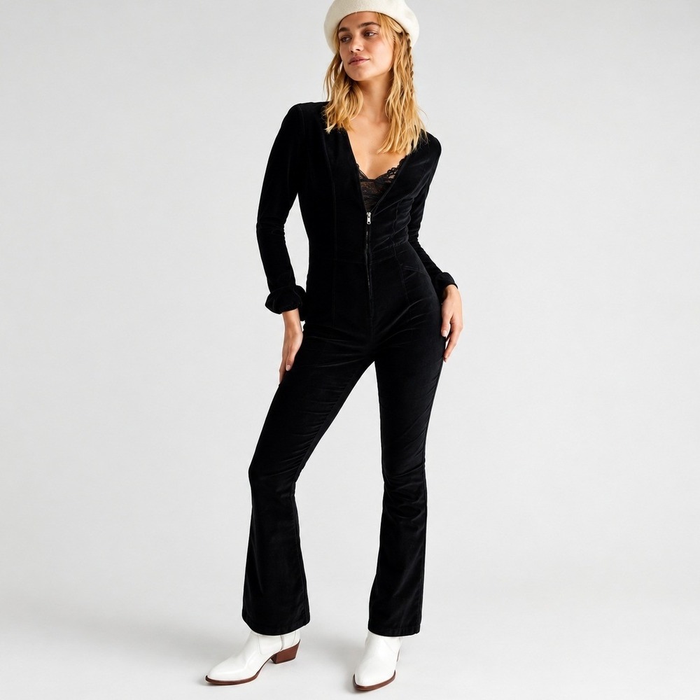 Free People We the Free Black Jovi Corduroy Flare Jumpsuit Side Medium